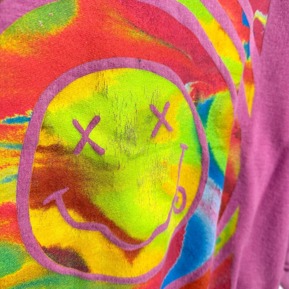 Nirvana S/M Dyed Sweatshirt Pink UO Oversized Grunge Off-Shoulder Smile Sleeve - Picture 4 of 9